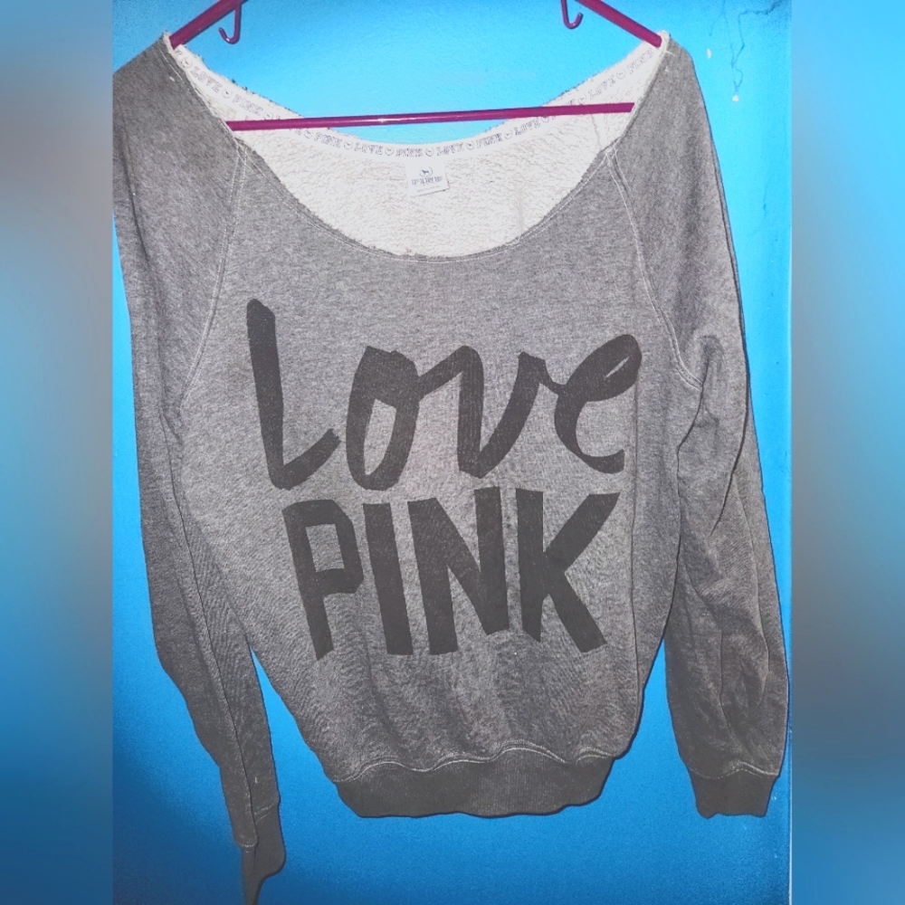 Victoria's Secret PINK Wide Neck Gray Heather Fleece Sweatshirt sz. Medium
